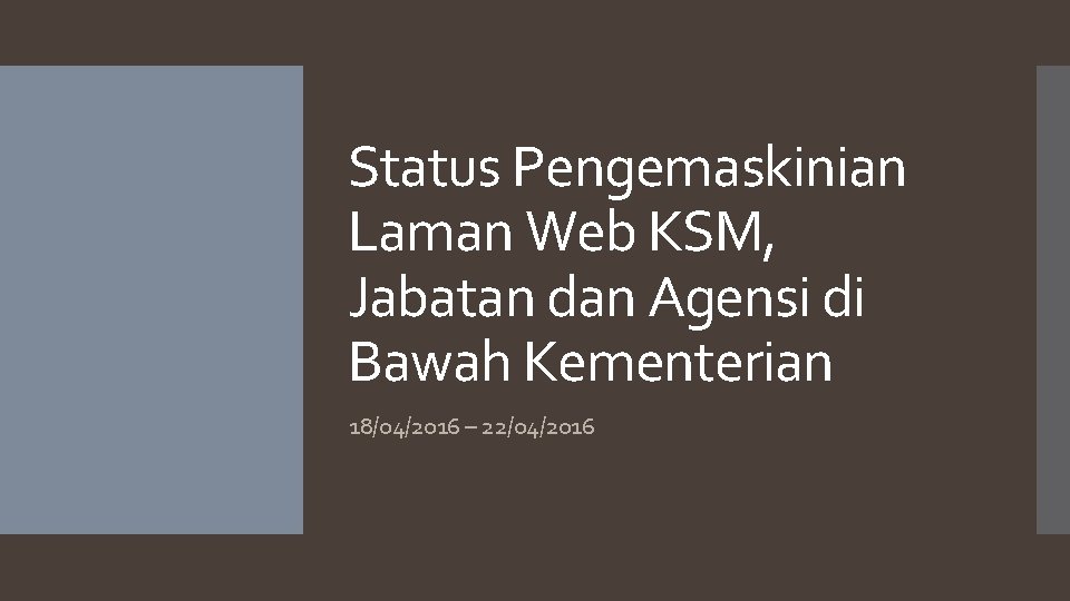 Status Pengemaskinian Laman Web KSM, Jabatan dan Agensi di Bawah Kementerian 18/04/2016 – 22/04/2016