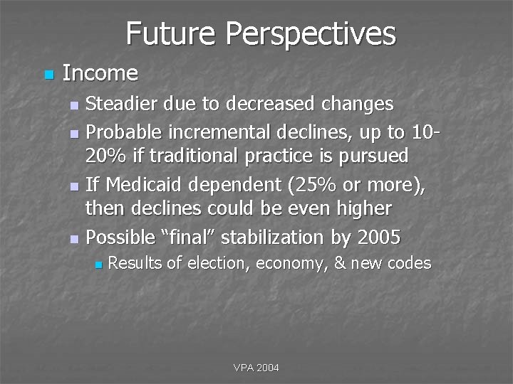 Future Perspectives n Income Steadier due to decreased changes n Probable incremental declines, up Future Perspectives n Income Steadier due to decreased changes n Probable incremental declines, up