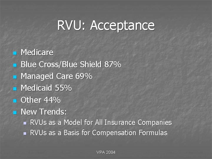 RVU: Acceptance n n n Medicare Blue Cross/Blue Shield 87% Managed Care 69% Medicaid RVU: Acceptance n n n Medicare Blue Cross/Blue Shield 87% Managed Care 69% Medicaid