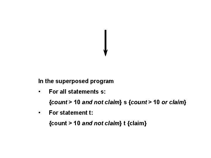In the superposed program • For all statements s: {count > 10 and not