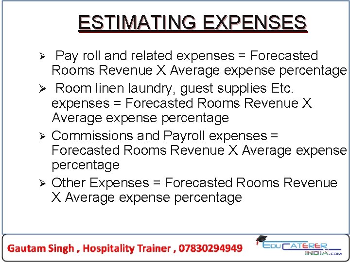 ESTIMATING EXPENSES Pay roll and related expenses = Forecasted Rooms Revenue X Average expense