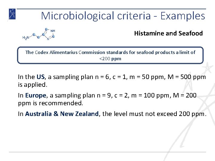 Microbiological criteria - Examples Histamine and Seafood The Codex Alimentarius Commission standards for seafood