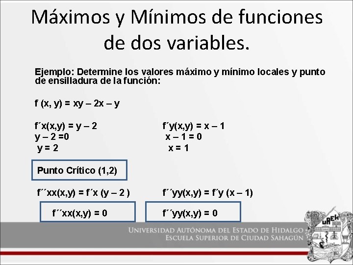 Máximos y Mínimos de funciones de dos variables. Ejemplo: Determine los valores máximo y