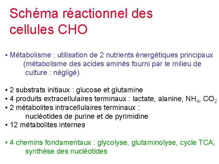 Schéma réactionnel des cellules CHO • Métabolisme : utilisation de 2 nutrients énergétiques principaux