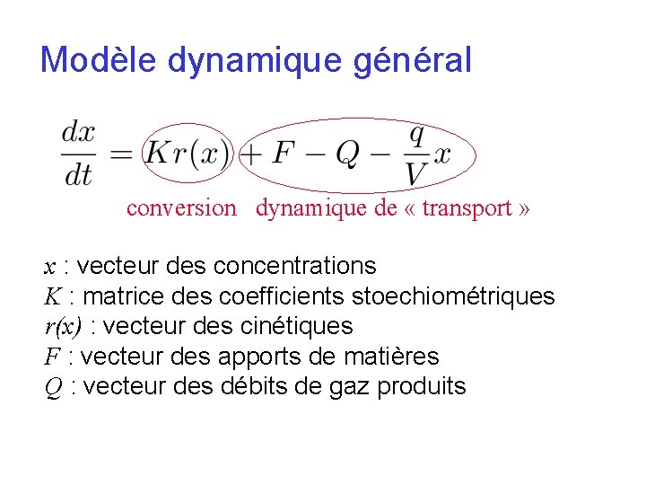 Modèle dynamique général conversion dynamique de « transport » x : vecteur des concentrations