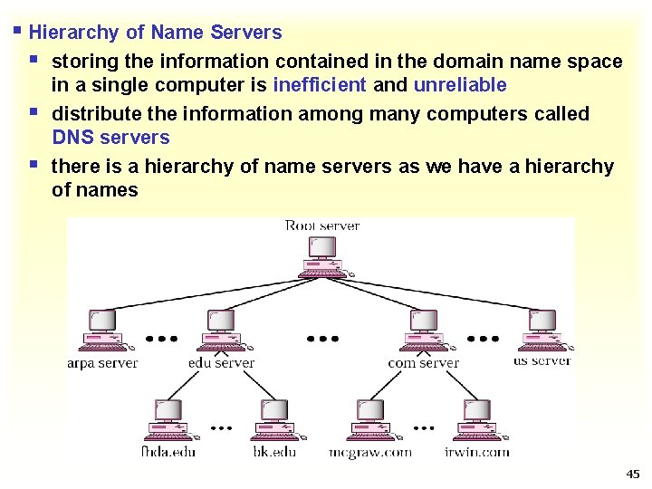 § Hierarchy of Name Servers § storing the information contained in the domain name