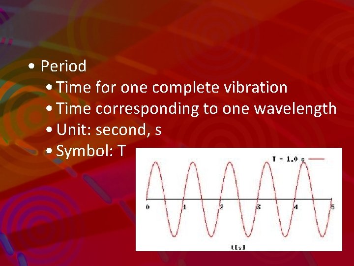  • Period • Time for one complete vibration • Time corresponding to one