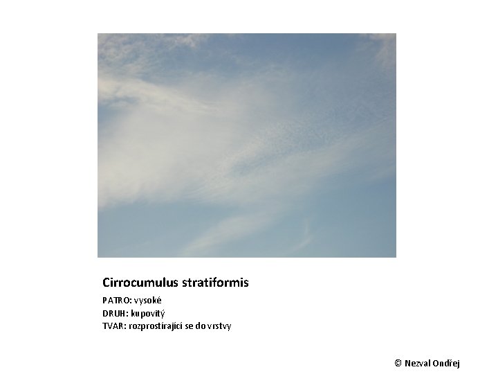 Cirrocumulus stratiformis PATRO: vysoké DRUH: kupovitý TVAR: rozprostírající se do vrstvy © Nezval Ondřej