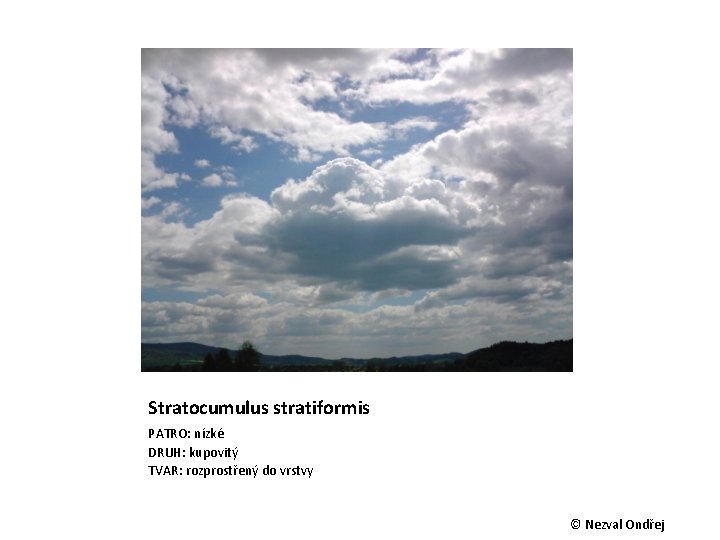 Stratocumulus stratiformis PATRO: nízké DRUH: kupovitý TVAR: rozprostřený do vrstvy © Nezval Ondřej 