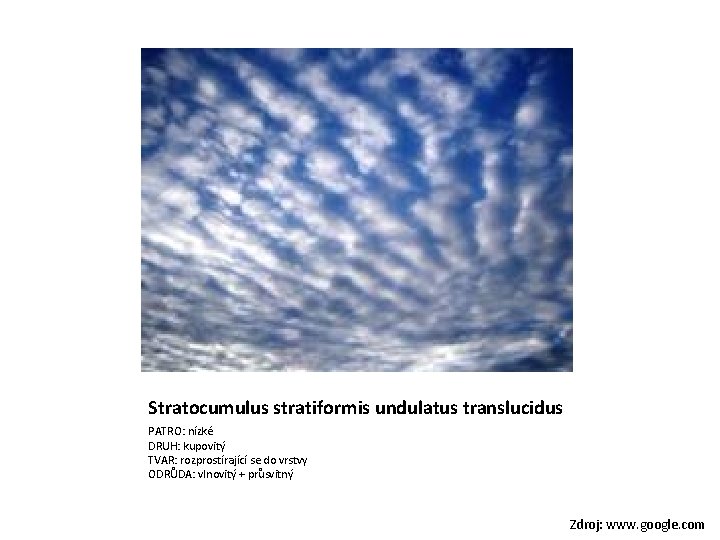 Stratocumulus stratiformis undulatus translucidus PATRO: nízké DRUH: kupovitý TVAR: rozprostírající se do vrstvy ODRŮDA: