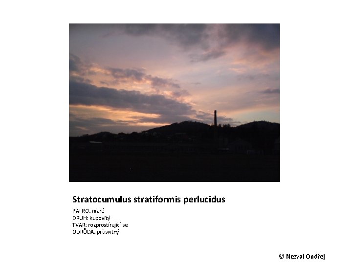 Stratocumulus stratiformis perlucidus PATRO: nízké DRUH: kupovitý TVAR: rozprostírající se ODRŮDA: průsvitný © Nezval
