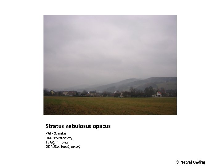 Stratus nebulosus opacus PATRO: nízké DRUH: vrstevnatý TVAR: mlhovitý ODRŮDA: hustý, tmavý © Nezval