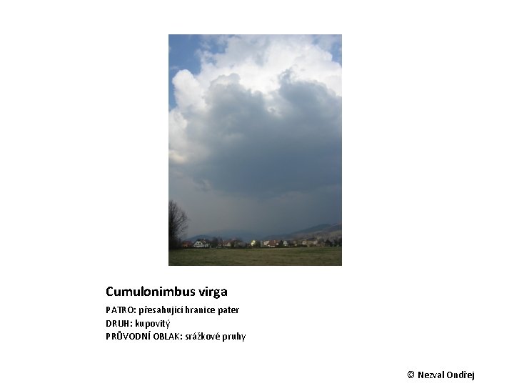 Cumulonimbus virga PATRO: přesahující hranice pater DRUH: kupovitý PRŮVODNÍ OBLAK: srážkové pruhy © Nezval