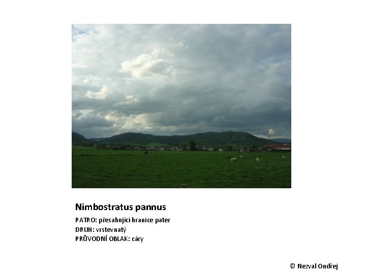 Nimbostratus pannus PATRO: přesahující hranice pater DRUH: vrstevnatý PRŮVODNÍ OBLAK: cáry © Nezval Ondřej