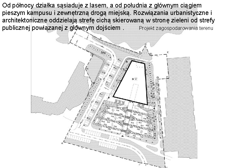 Od północy działka sąsiaduje z lasem, a od południa z głównym ciągiem pieszym kampusu