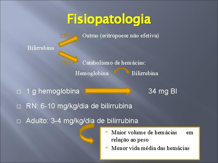 Fisiopatologia 25% Outras (eritropoese não efetiva) 75% Catabolismo de hemácias: Bilirrubina Hemoglobina Bilirrubina �