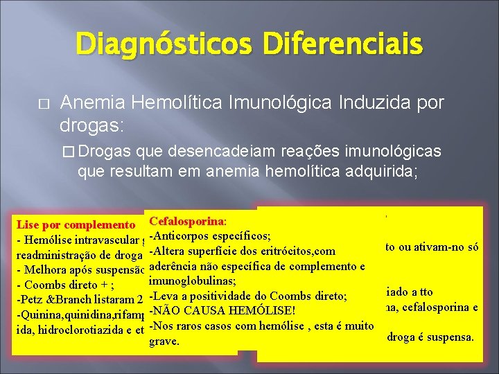 Diagnósticos Diferenciais � Anemia Hemolítica Imunológica Induzida por drogas: � Drogas que desencadeiam reações