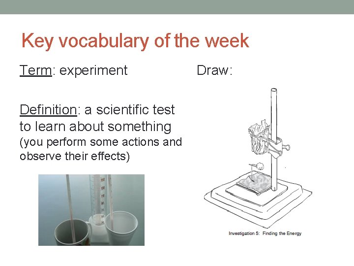 Key vocabulary of the week Term: experiment Definition: a scientific test to learn about