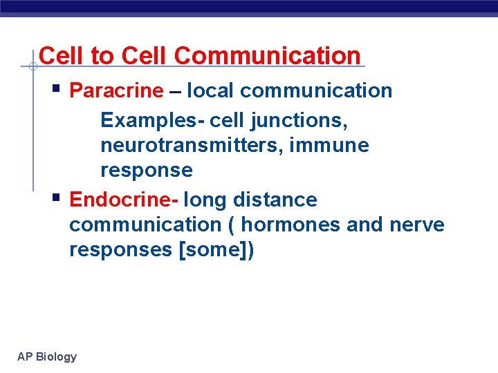 Cell to Cell Communication § Paracrine – local communication § Examples- cell junctions, neurotransmitters,