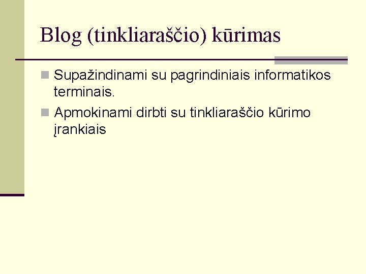 Blog (tinkliaraščio) kūrimas n Supažindinami su pagrindiniais informatikos terminais. n Apmokinami dirbti su tinkliaraščio