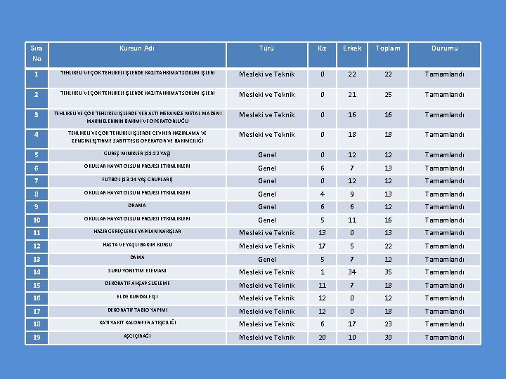 Sıra No Kursun Adı Türü Kız Erkek Toplam Durumu 1 TEHLİKELİ VE ÇOK TEHLİKELİ