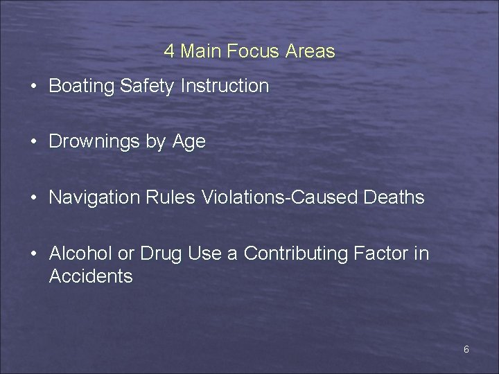 4 Main Focus Areas • Boating Safety Instruction • Drownings by Age • Navigation