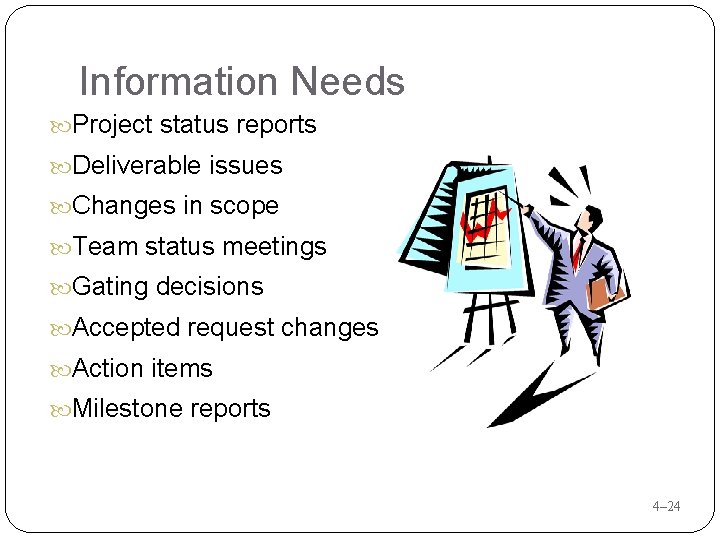 Information Needs Project status reports Deliverable issues Changes in scope Team status meetings Gating