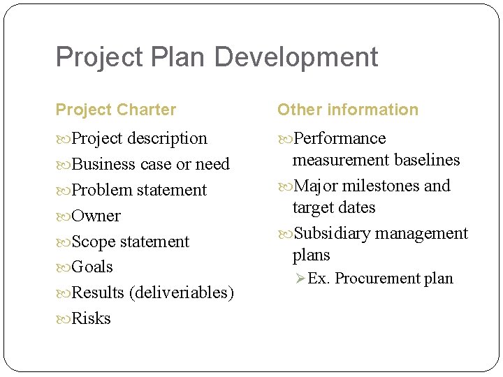 Project Plan Development Project Charter Other information Project description Performance Business case or need