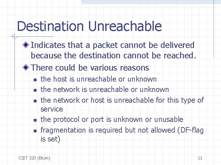 Destination Unreachable Indicates that a packet cannot be delivered because the destination cannot be