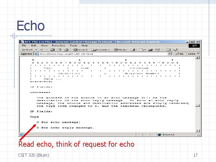 Echo Read echo, think of request for echo CSIT 320 (Blum) 17 