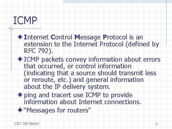 ICMP Internet Control Message Protocol is an extension to the Internet Protocol (defined by