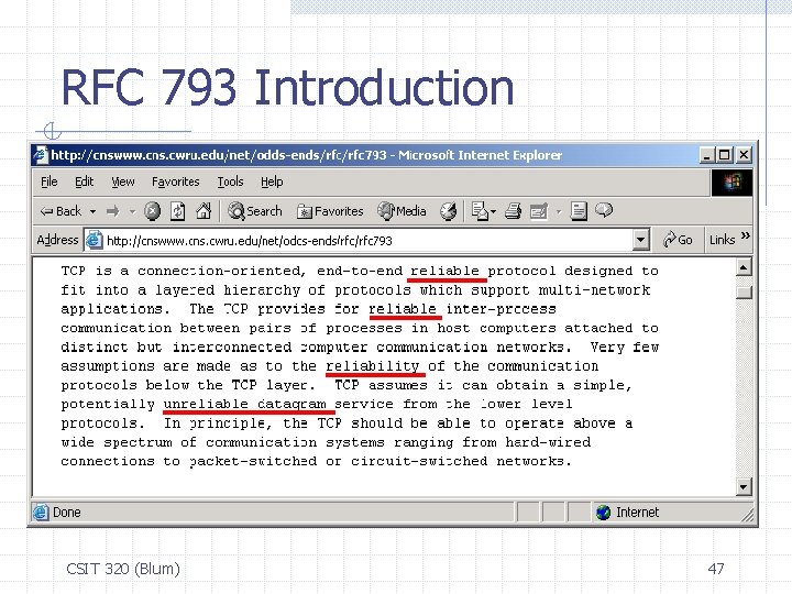 RFC 793 Introduction CSIT 320 (Blum) 47 