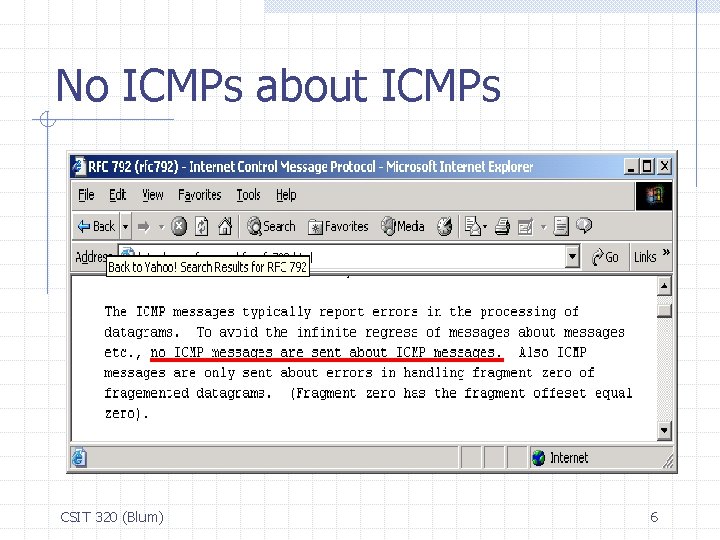 No ICMPs about ICMPs CSIT 320 (Blum) 6 