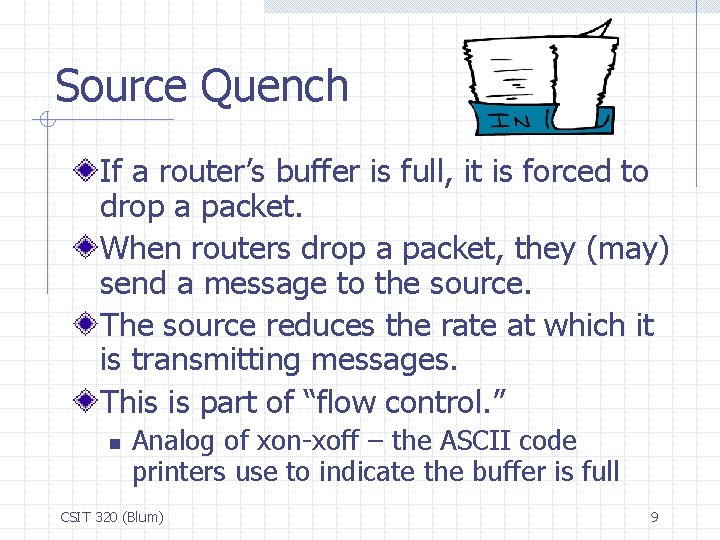 Source Quench If a router’s buffer is full, it is forced to drop a