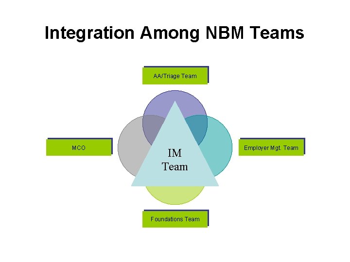 Integration Among NBM Teams AA/Triage Team MCO IM Team Foundations Team Employer Mgt. Team