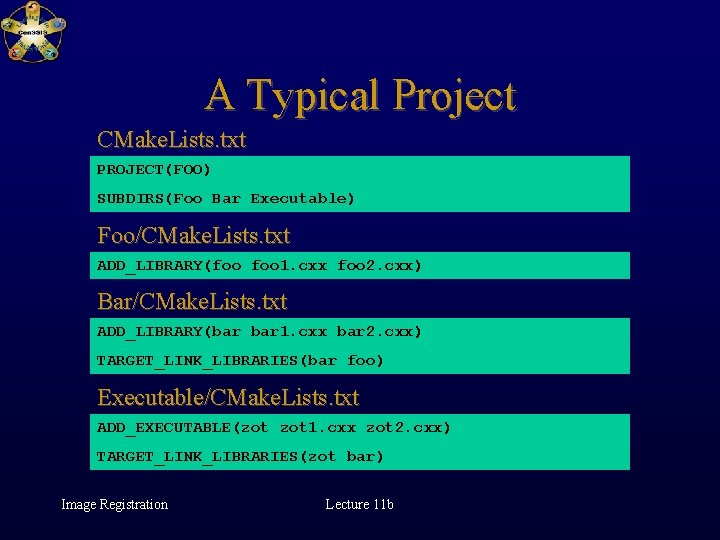 A Typical Project CMake. Lists. txt PROJECT(FOO) SUBDIRS(Foo Bar Executable) Foo/CMake. Lists. txt ADD_LIBRARY(foo