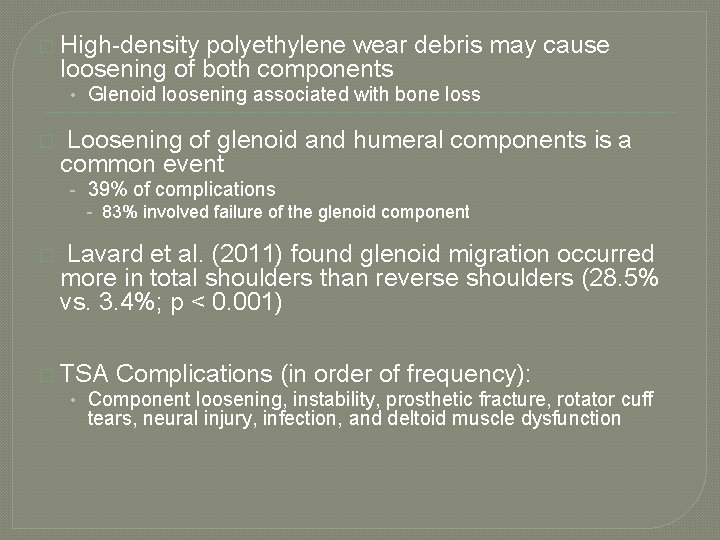 � High-density polyethylene wear debris may cause loosening of both components • Glenoid loosening