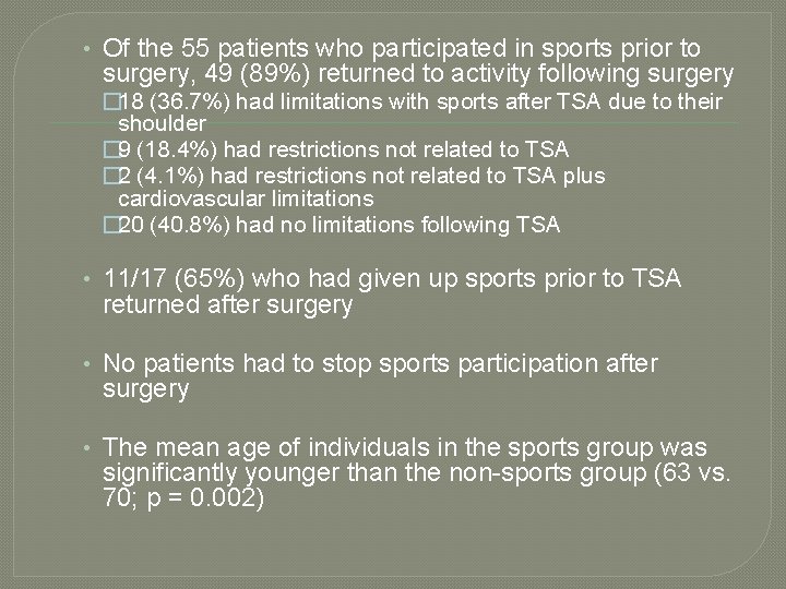  • Of the 55 patients who participated in sports prior to surgery, 49