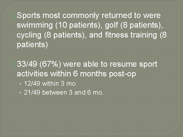 �Sports most commonly returned to were swimming (10 patients), golf (8 patients), cycling (8
