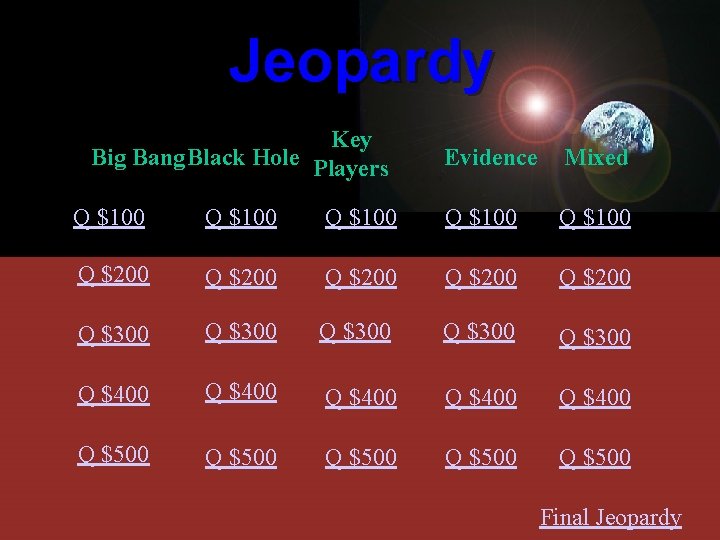 Jeopardy Key Big Bang. Black Hole Players Evidence Mixed Q $100 Q $100 Q