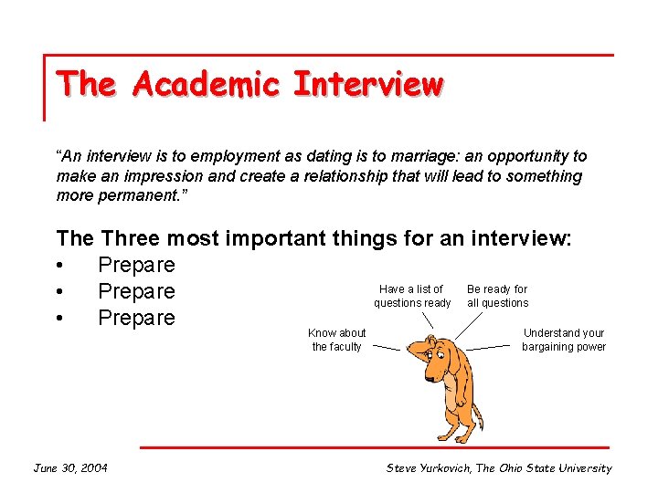 The Academic Interview “An interview is to employment as dating is to marriage: an
