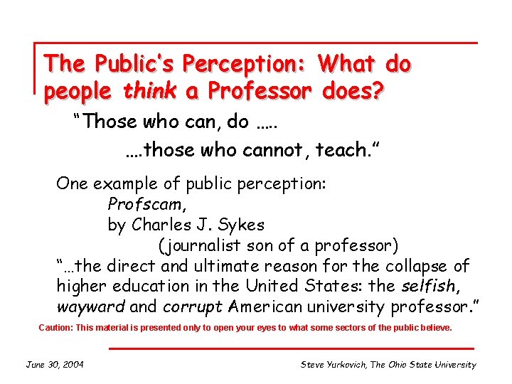 The Public’s Perception: What do people think a Professor does? “Those who can, do