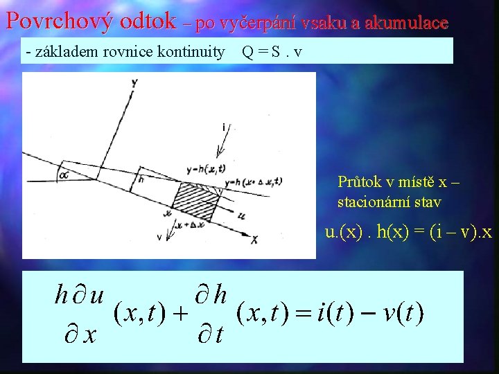 Povrchový odtok – po vyčerpání vsaku a akumulace - základem rovnice kontinuity Q=S. v