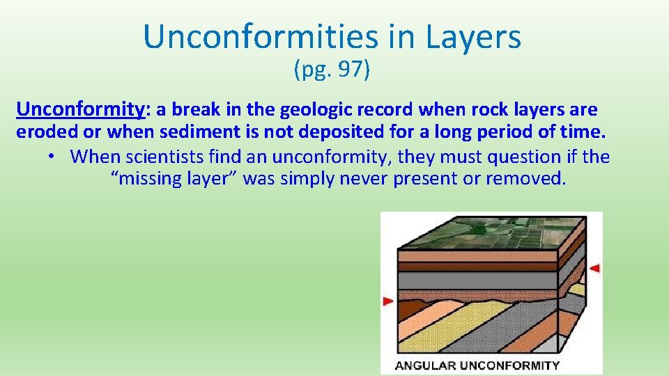 Unconformities in Layers (pg. 97) Unconformity: a break in the geologic record when rock