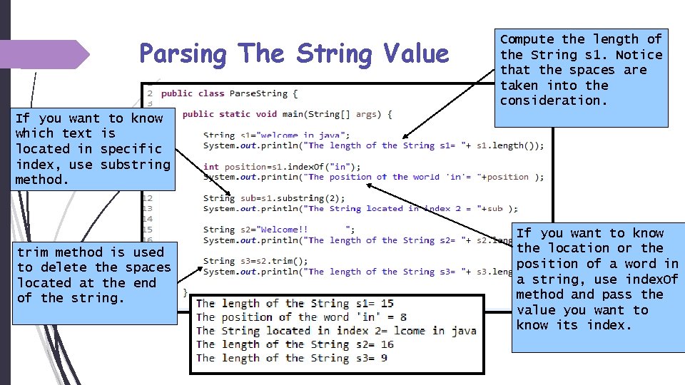 Parsing The String Value Compute the length of the String s 1. Notice that