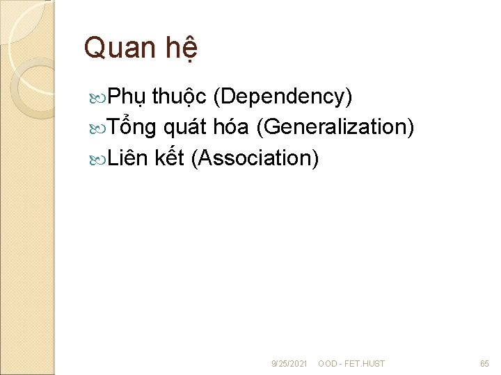 Quan hệ Phụ thuộc (Dependency) Tổng quát hóa (Generalization) Liên kết (Association) 9/25/2021 OOD