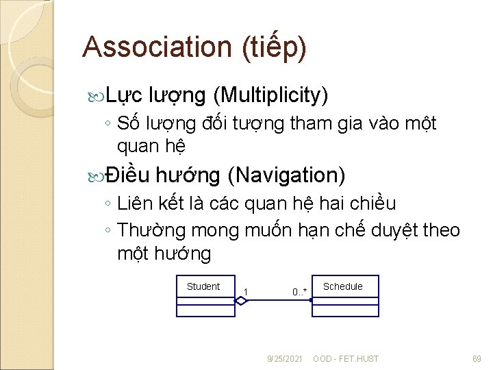 Association (tiếp) Lực lượng (Multiplicity) ◦ Số lượng đối tượng tham gia vào một