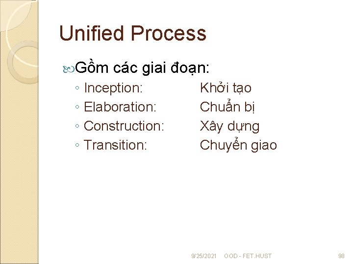 Unified Process Gồm các giai đoạn: ◦ Inception: ◦ Elaboration: ◦ Construction: ◦ Transition: