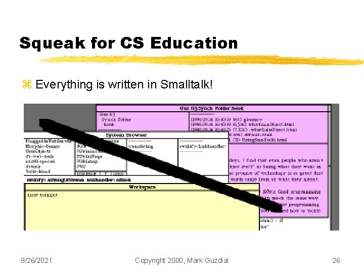Squeak for CS Education z Everything is written in Smalltalk! 9/26/2021 Copyright 2000, Mark