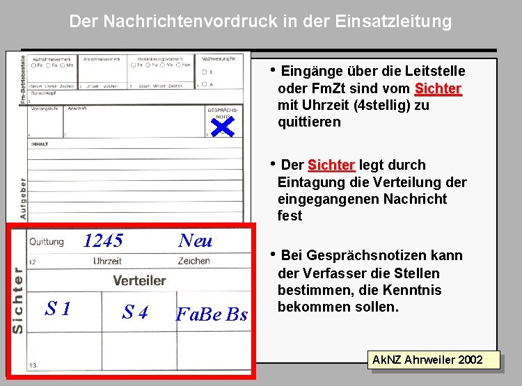 Der Nachrichtenvordruck in der Einsatzleitung • Eingänge über die Leitstelle oder Fm. Zt sind